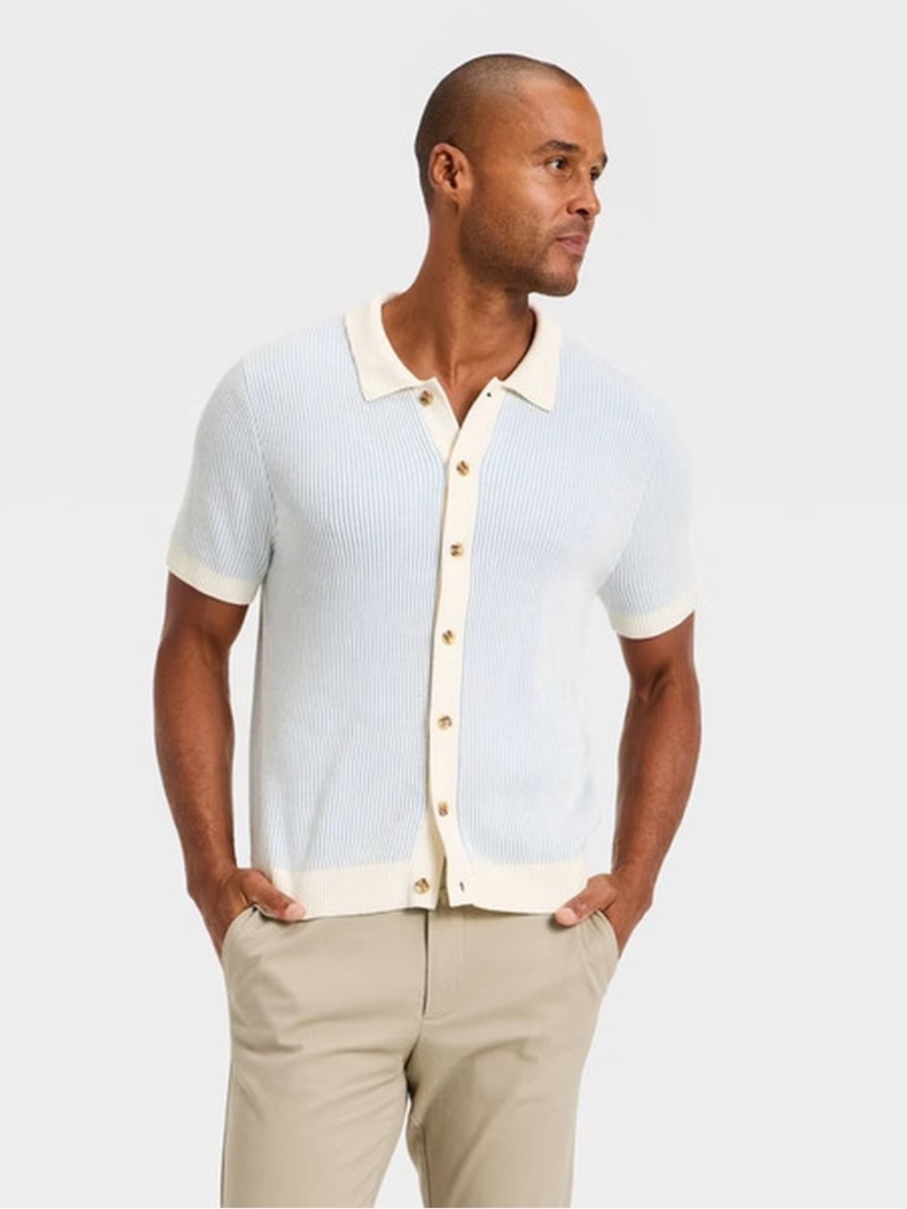 Goodfellow & Co Mens Light Blue & Cream Short-Sleeve Knit Polo Shirt size L